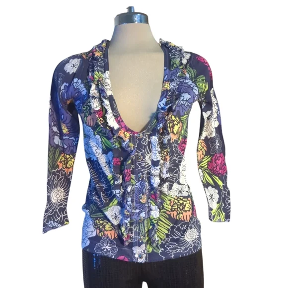 Floral V-Neck Ruffle Top - Multicolor - Picture 3 of 9